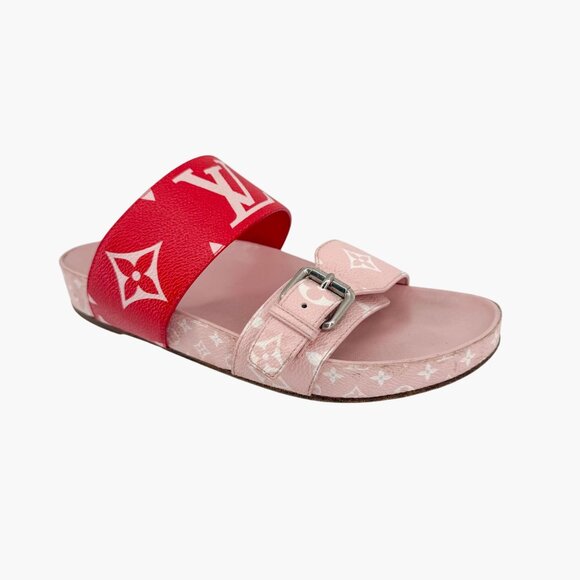 Louis Vuitton Bom Dia Slide Sandals Pink Red Monogram Canvas Size 38 US 8 Women - Picture 8 of 15
